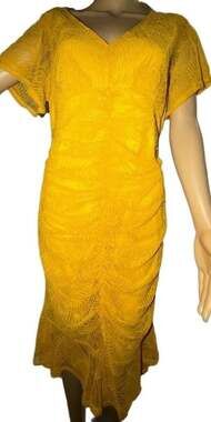 Lulu’s Harlow Mustard Yellow Lace Ruched Bodycon Dress- Size Large